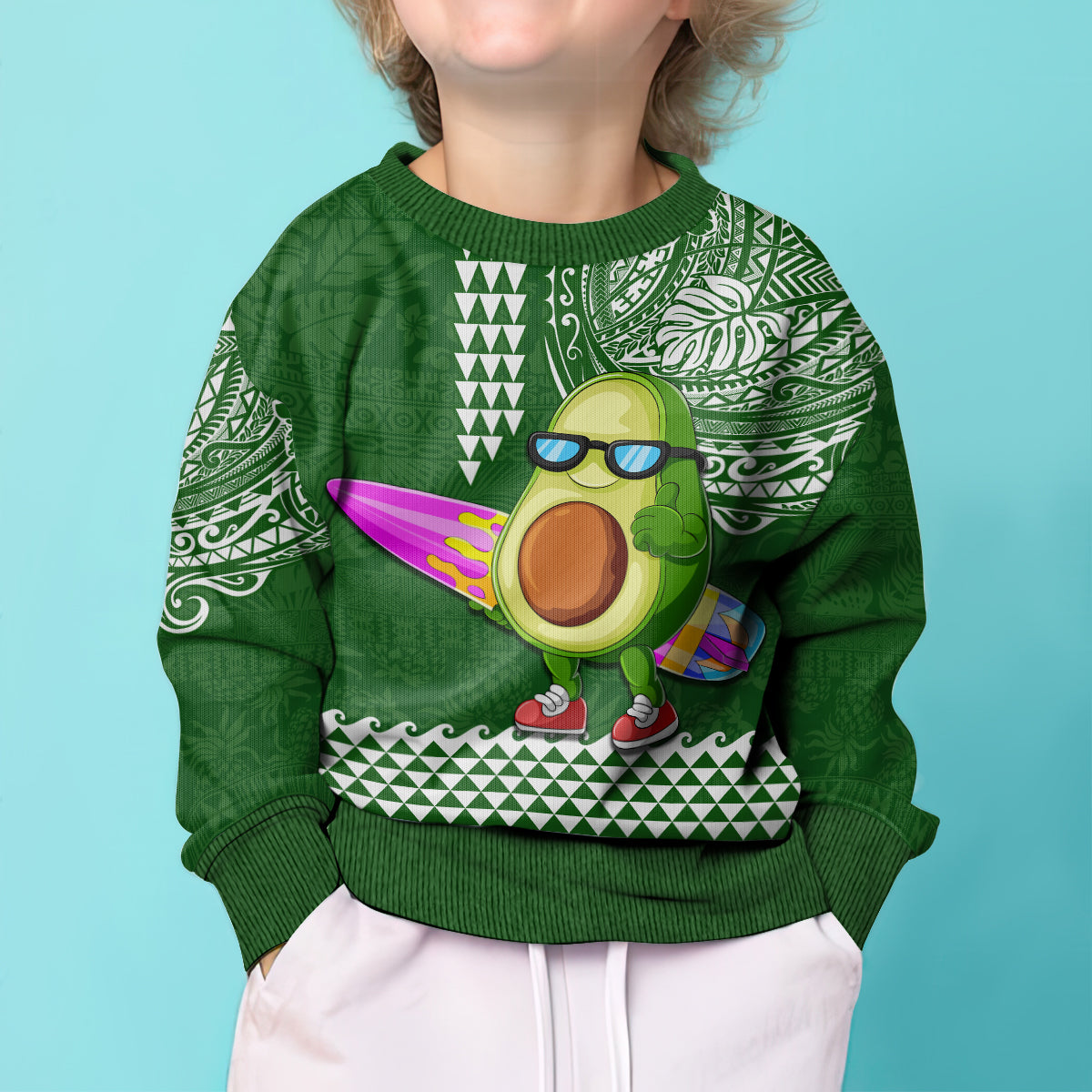 Hawaii Kid Ugly Christmas Sweater Aloha Funny Avocado Mix Kakau Hawaiian Tribal LT03 - Polynesian Pride