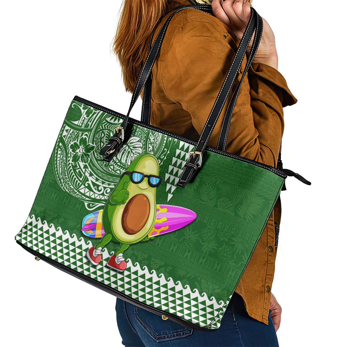Hawaii Leather Tote Bag Aloha Funny Avocado Mix Kakau Hawaiian Tribal LT03 - Polynesian Pride