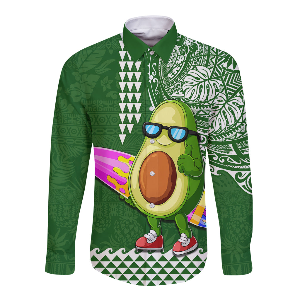 Hawaii Long Sleeve Button Shirt Aloha Funny Avocado Mix Kakau Hawaiian Tribal LT03 Unisex Green - Polynesian Pride