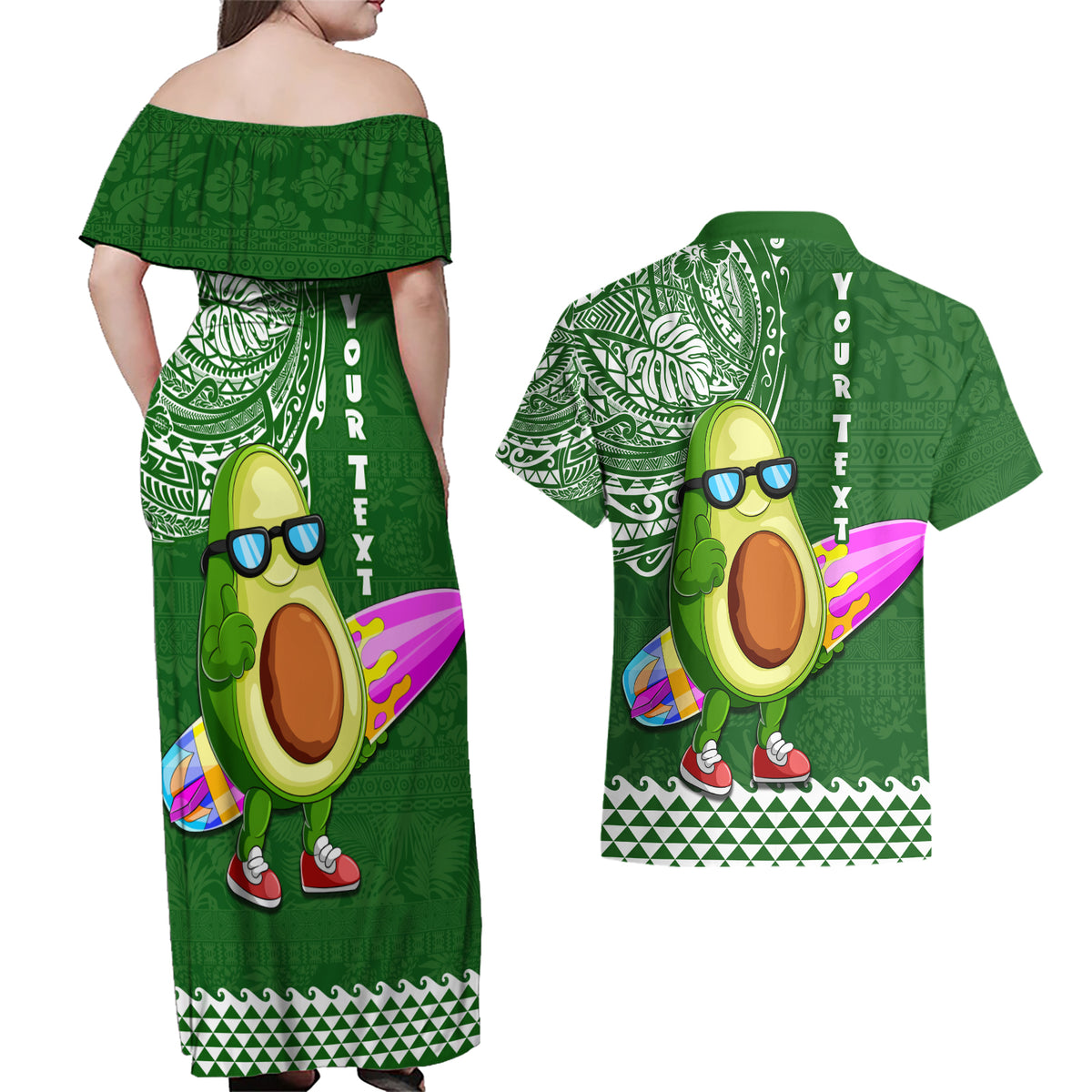 Aloha Avocado Funny Fruits Custom Couples Matching Off Shoulder Maxi Dress and Hawaiian Shirt Mix Hawaiian Kakau Tribal LT03 - Polynesian Pride