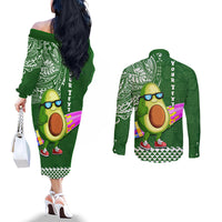 Aloha Avocado Funny Fruits Custom Couples Matching Off The Shoulder Long Sleeve Dress and Long Sleeve Button Shirt Mix Hawaiian Kakau Tribal LT03 - Polynesian Pride