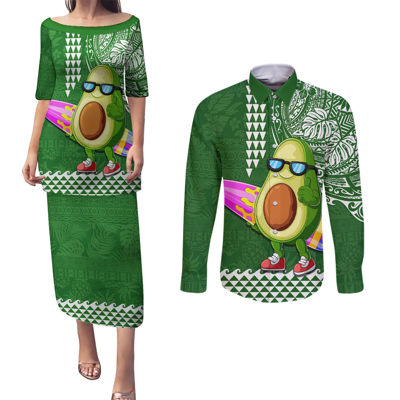 Aloha Avocado Funny Fruits Custom Couples Matching Puletasi Dress and Long Sleeve Button Shirt Mix Hawaiian Kakau Tribal LT03 Green - Polynesian Pride