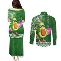 Aloha Avocado Funny Fruits Custom Couples Matching Puletasi Dress and Long Sleeve Button Shirt Mix Hawaiian Kakau Tribal LT03 - Polynesian Pride