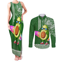 Aloha Avocado Funny Fruits Custom Couples Matching Tank Maxi Dress and Long Sleeve Button Shirt Mix Hawaiian Kakau Tribal LT03 Green - Polynesian Pride