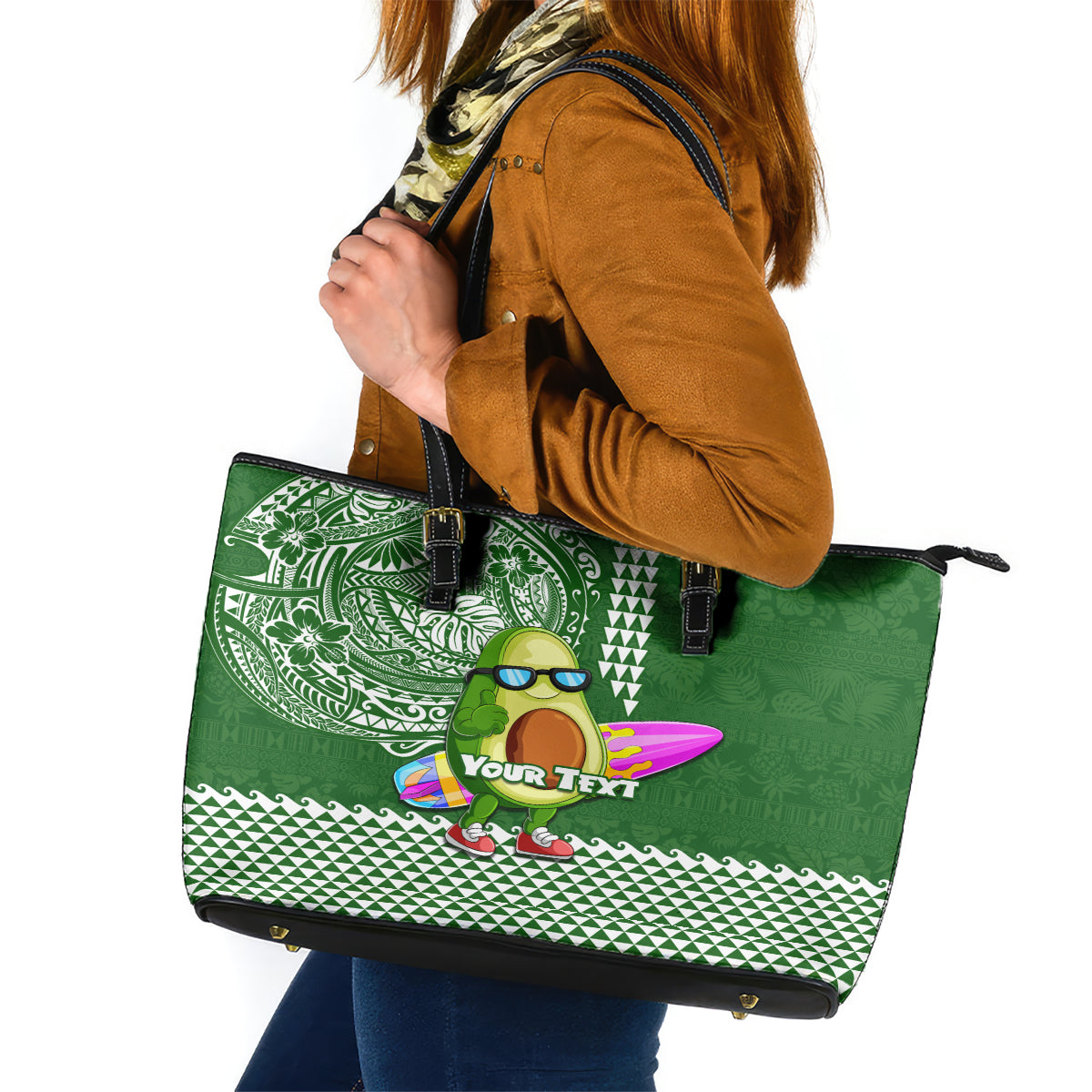 Aloha Avocado Funny Fruits Custom Leather Tote Bag Mix Hawaiian Kakau Tribal LT03 Green - Polynesian Pride