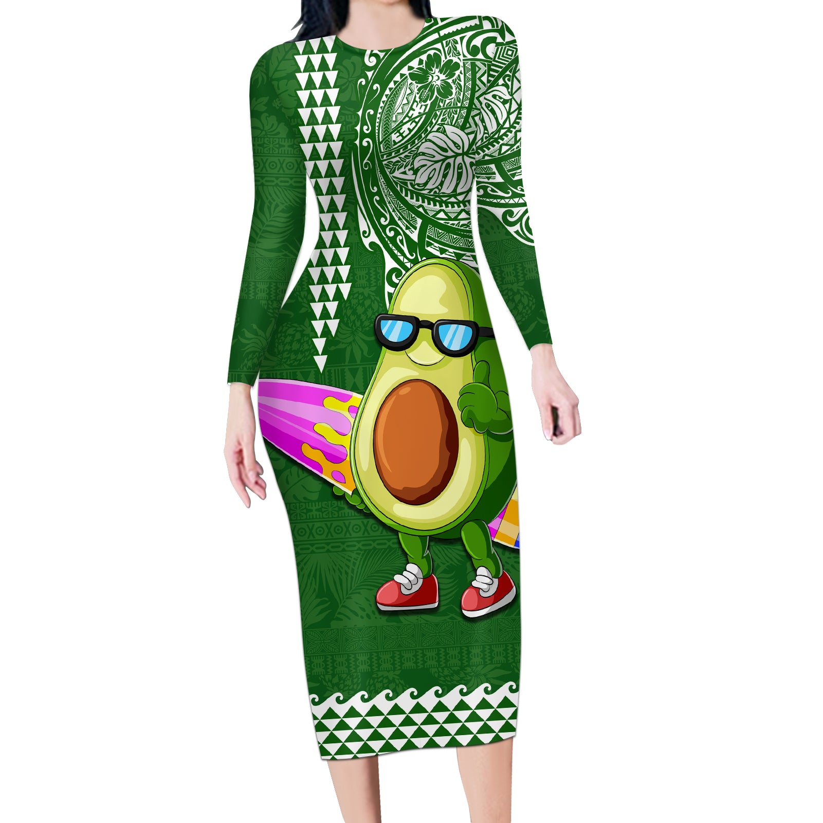 Aloha Avocado Funny Fruits Custom Long Sleeve Bodycon Dress Mix Hawaiian Kakau Tribal LT03 Long Dress Green - Polynesian Pride