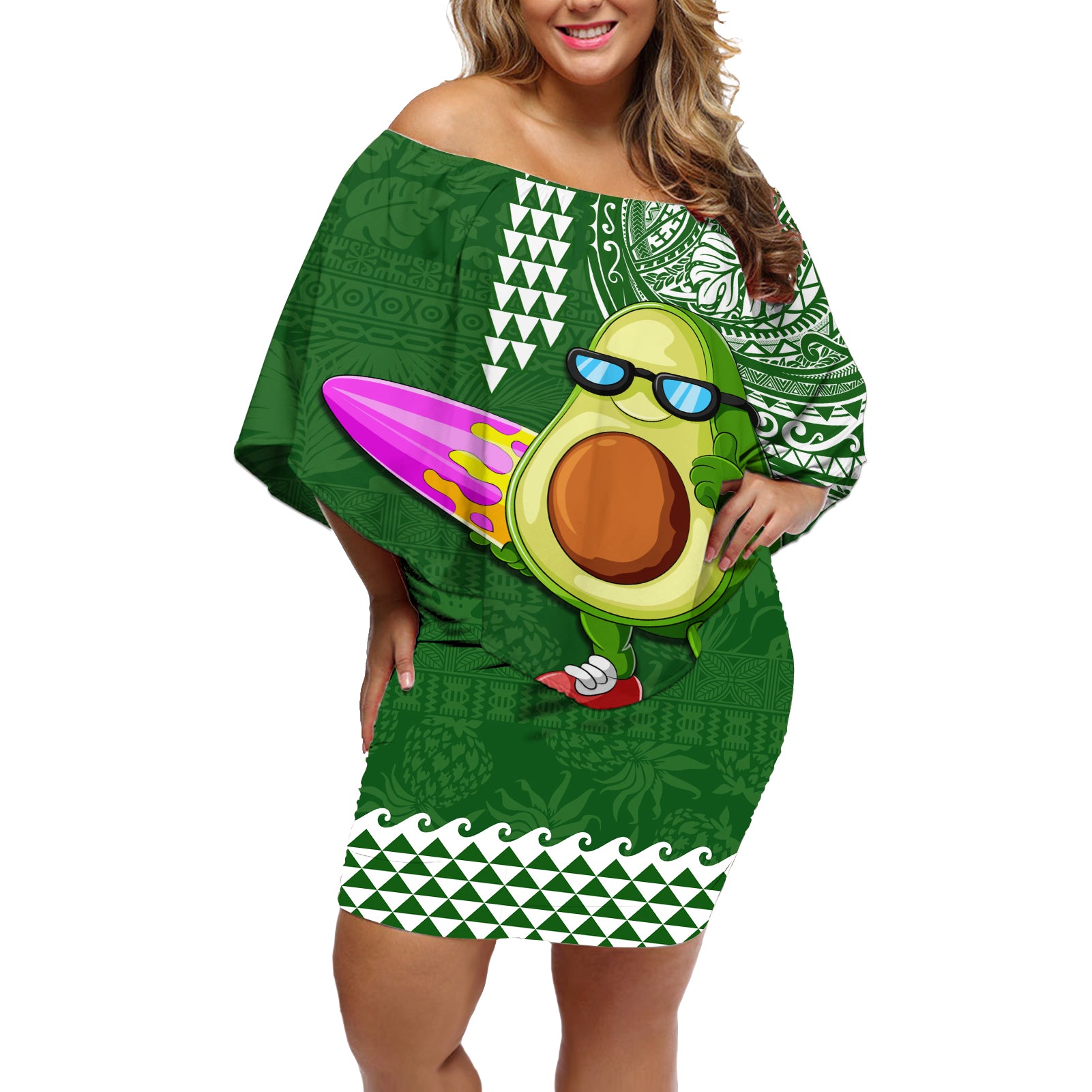 Aloha Avocado Funny Fruits Custom Off Shoulder Short Dress Mix Hawaiian Kakau Tribal LT03 Women Green - Polynesian Pride