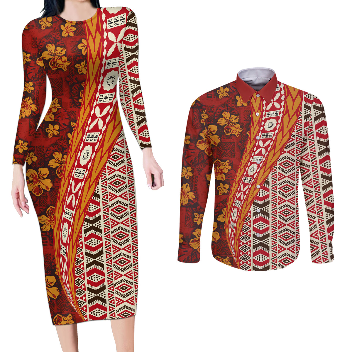 Hawaii Native Tapa Elements and Hibiscus Flowers Couples Matching Long Sleeve Bodycon Dress and Long Sleeve Button Shirt LT03 Red - Polynesian Pride