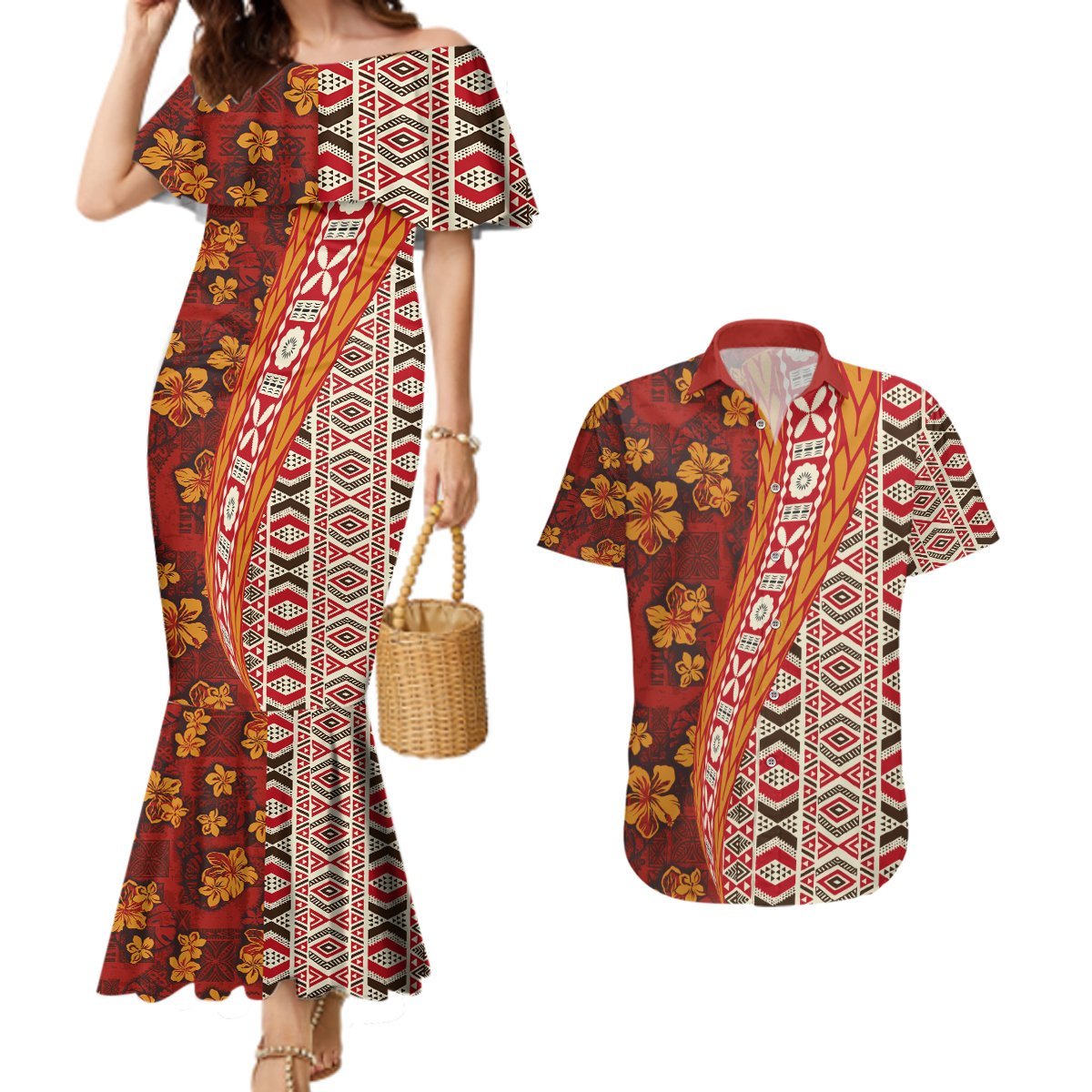 Hawaii Native Tapa Elements and Hibiscus Flowers Couples Matching Mermaid Dress and Hawaiian Shirt LT03 Red - Polynesian Pride