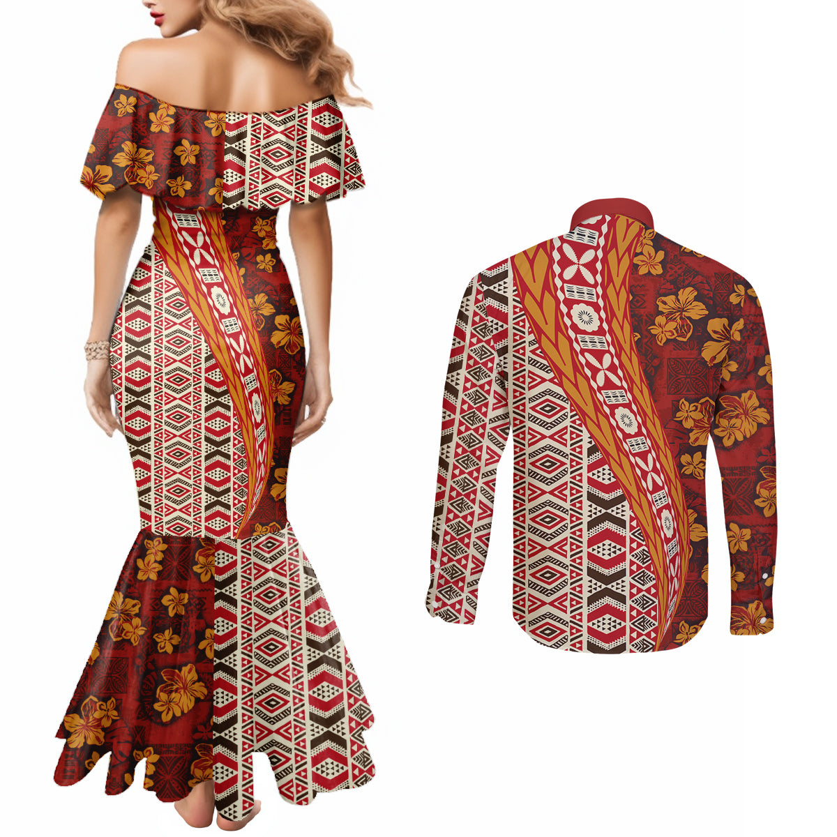 Hawaii Native Tapa Elements and Hibiscus Flowers Couples Matching Mermaid Dress and Long Sleeve Button Shirt LT03 - Polynesian Pride