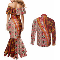 Hawaii Native Tapa Elements and Hibiscus Flowers Couples Matching Mermaid Dress and Long Sleeve Button Shirt LT03 - Polynesian Pride