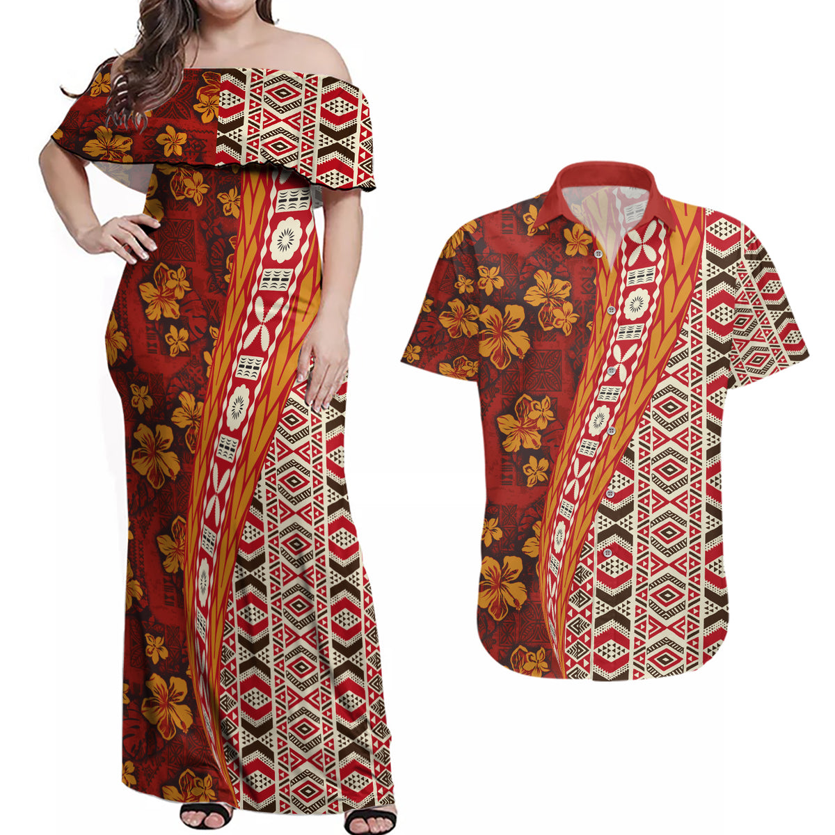 Hawaii Native Tapa Elements and Hibiscus Flowers Couples Matching Off Shoulder Maxi Dress and Hawaiian Shirt LT03 Red - Polynesian Pride