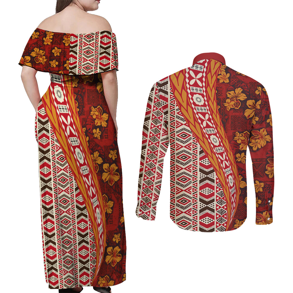 Hawaii Native Tapa Elements and Hibiscus Flowers Couples Matching Off Shoulder Maxi Dress and Long Sleeve Button Shirt LT03 - Polynesian Pride