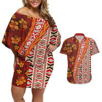 Hawaii Native Tapa Elements and Hibiscus Flowers Couples Matching Off Shoulder Short Dress and Hawaiian Shirt LT03 Red - Polynesian Pride