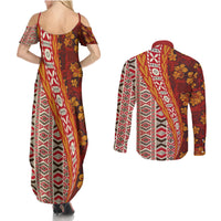 Hawaii Native Tapa Elements and Hibiscus Flowers Couples Matching Summer Maxi Dress and Long Sleeve Button Shirt LT03 - Polynesian Pride