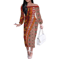 Hawaii Native Tapa Elements and Hibiscus Flowers Family Matching Off Shoulder Long Sleeve Dress and Hawaiian Shirt LT03 Mom's Dress Red - Polynesian Pride