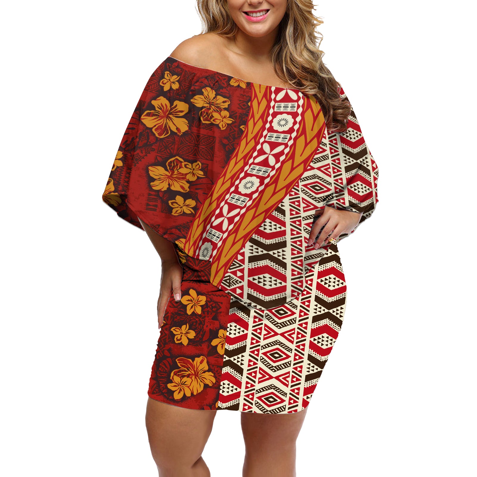 Hawaii Native Tapa Elements and Hibiscus Flowers Off Shoulder Short Dress LT03 Women Red - Polynesian Pride