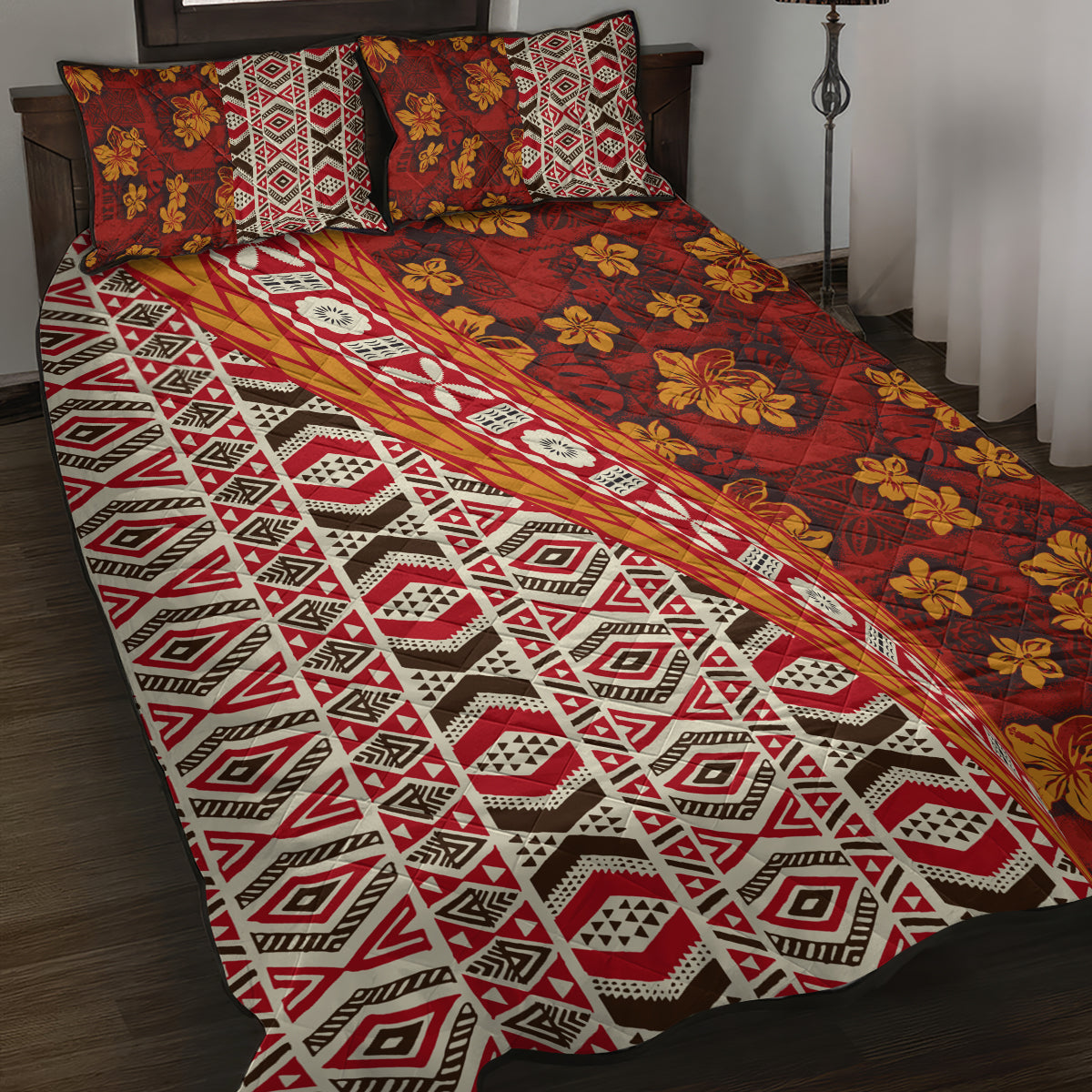 Hawaii Native Tapa Elements and Hibiscus Flowers Quilt Bed Set LT03 Red - Polynesian Pride