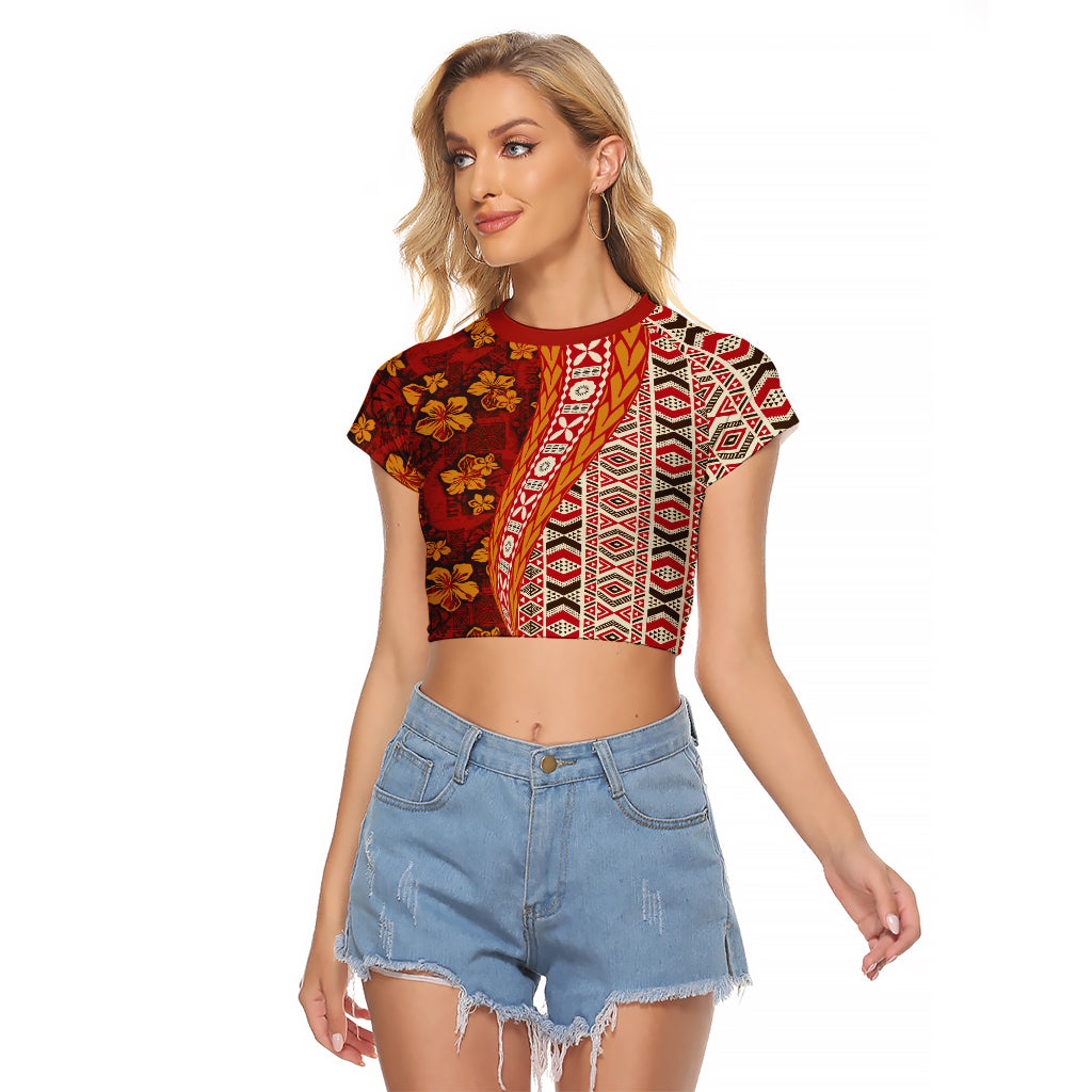 Hawaii Native Tapa Elements and Hibiscus Flowers Raglan Cropped T Shirt LT03 Female Red - Polynesian Pride