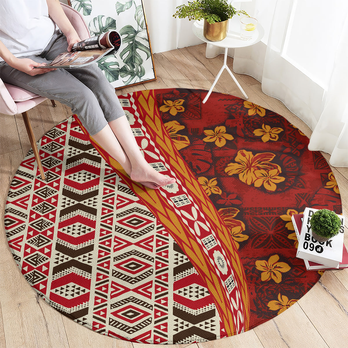 Hawaii Native Tapa Elements and Hibiscus Flowers Round Carpet LT03 - Polynesian Pride