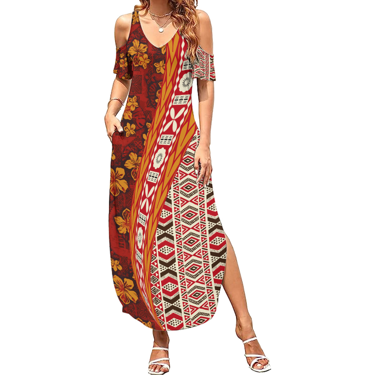 Hawaii Native Tapa Elements and Hibiscus Flowers Summer Maxi Dress LT03 Women Red - Polynesian Pride