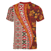 Hawaii Native Tapa Elements and Hibiscus Flowers Women V Neck T Shirt LT03 - Polynesian Pride