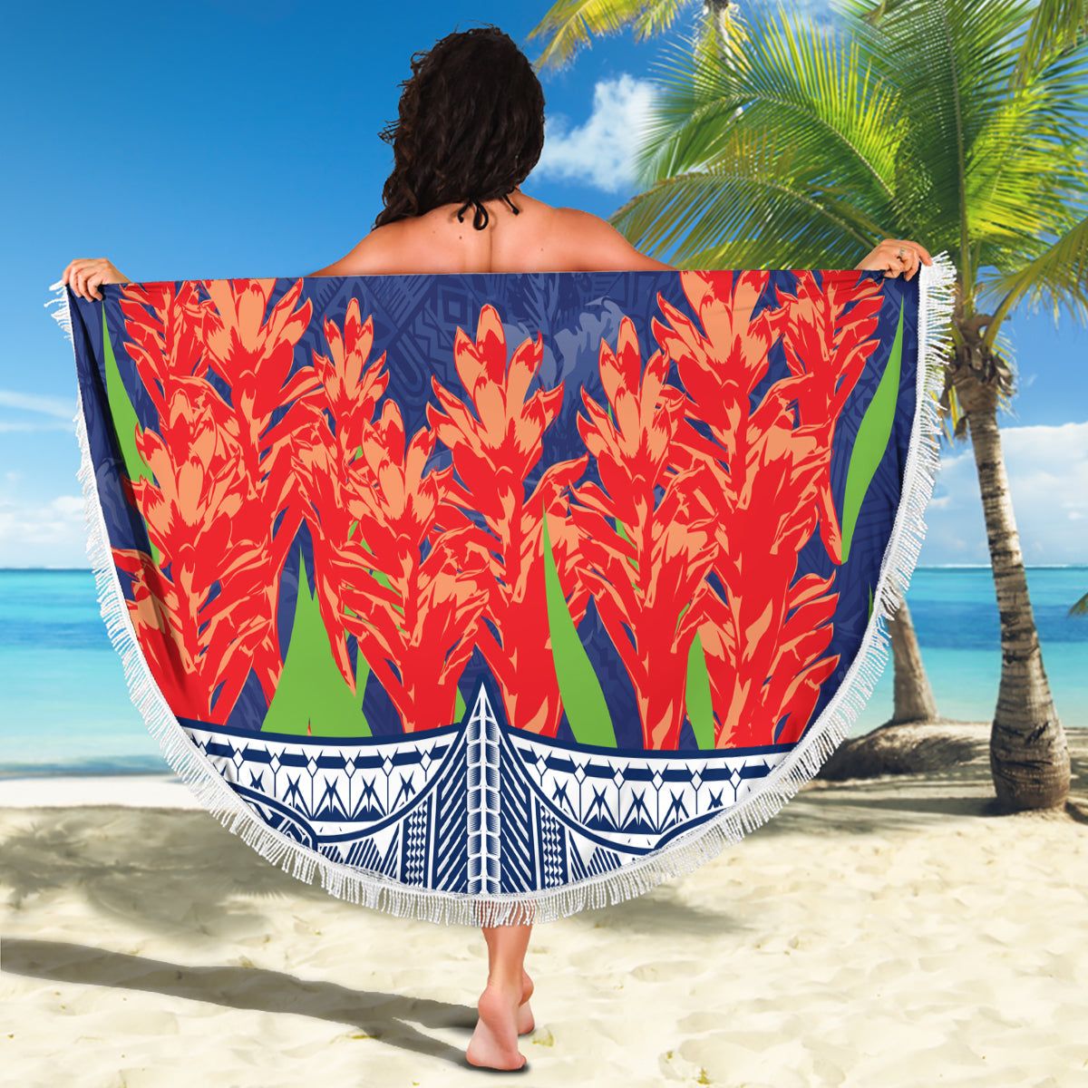 Samoan Tapa Beach Blanket Ula Fala and Teuila Flower LT03 - Polynesian Pride