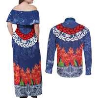 Samoan Tapa Couples Matching Off Shoulder Maxi Dress and Long Sleeve Button Shirt Ula Fala and Teuila Flower LT03 - Polynesian Pride