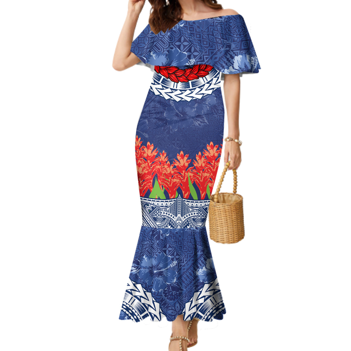 Samoan Tapa Family Matching Mermaid Dress and Hawaiian Shirt Ula Fala and Teuila Flower LT03 Mom's Dress Blue - Polynesian Pride