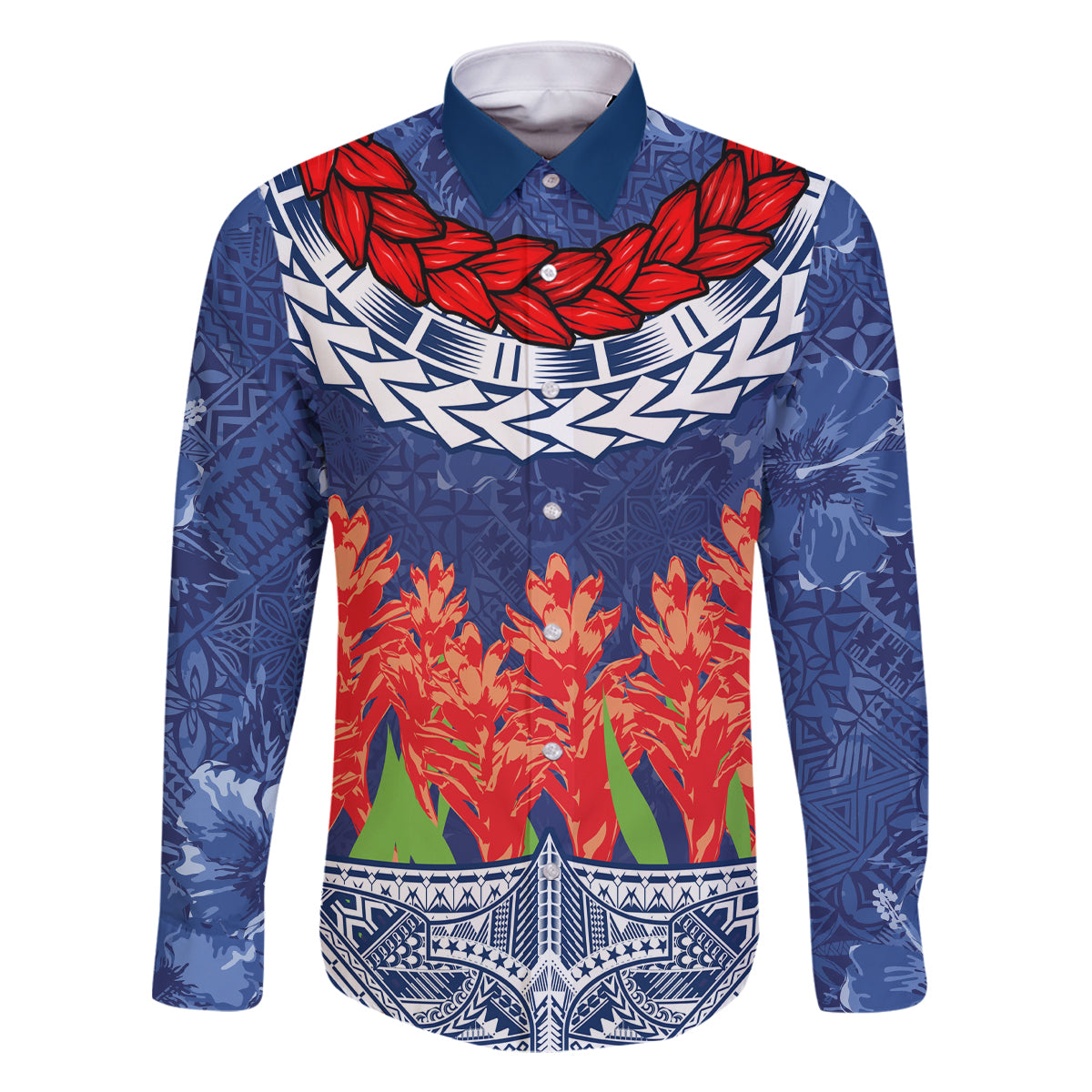 Samoan Tapa Family Matching Off Shoulder Long Sleeve Dress and Hawaiian Shirt Ula Fala and Teuila Flower LT03 Dad's Shirt - Long Sleeve Blue - Polynesian Pride