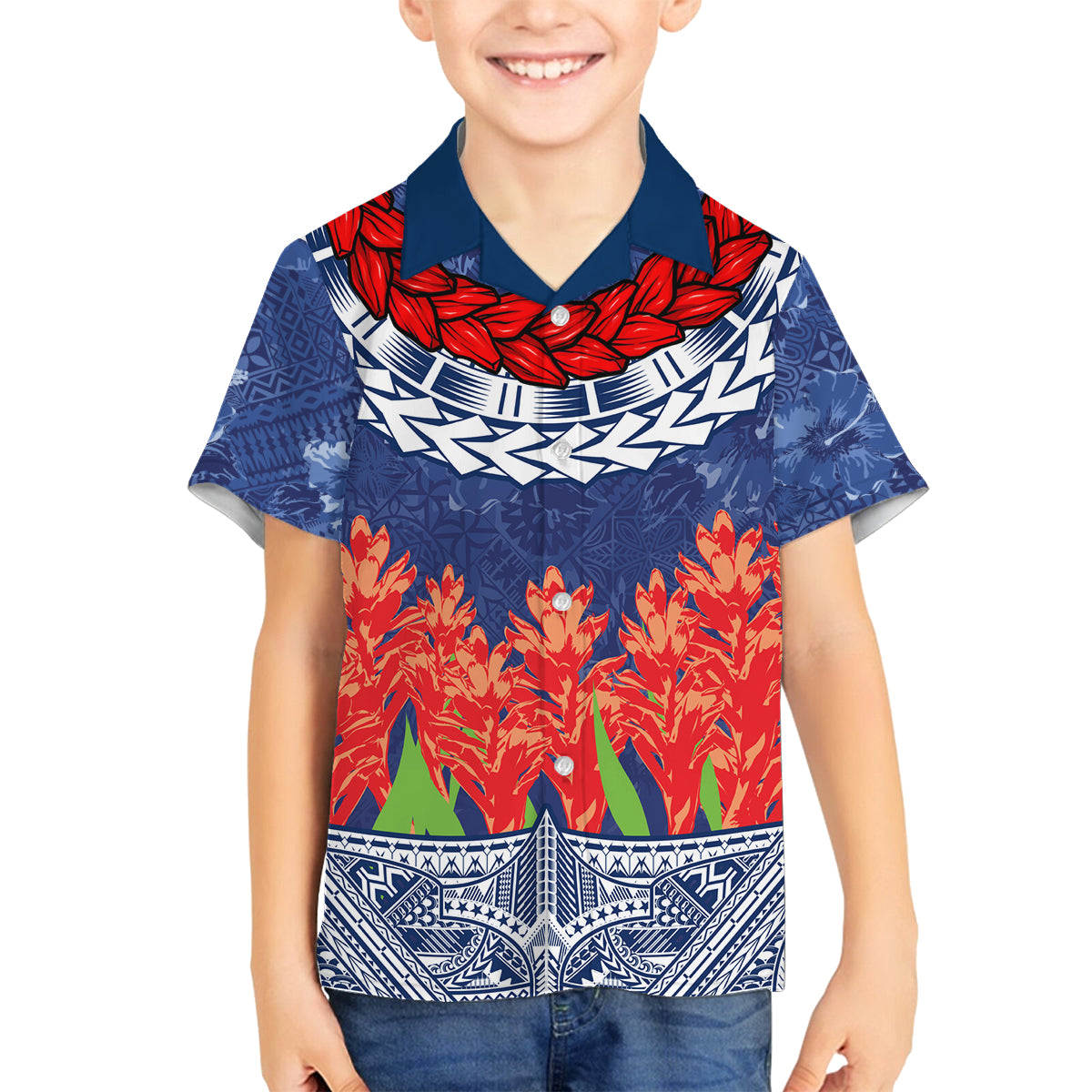 Samoan Tapa Family Matching Off Shoulder Short Dress and Hawaiian Shirt Ula Fala and Teuila Flower LT03 Son's Shirt Blue - Polynesian Pride