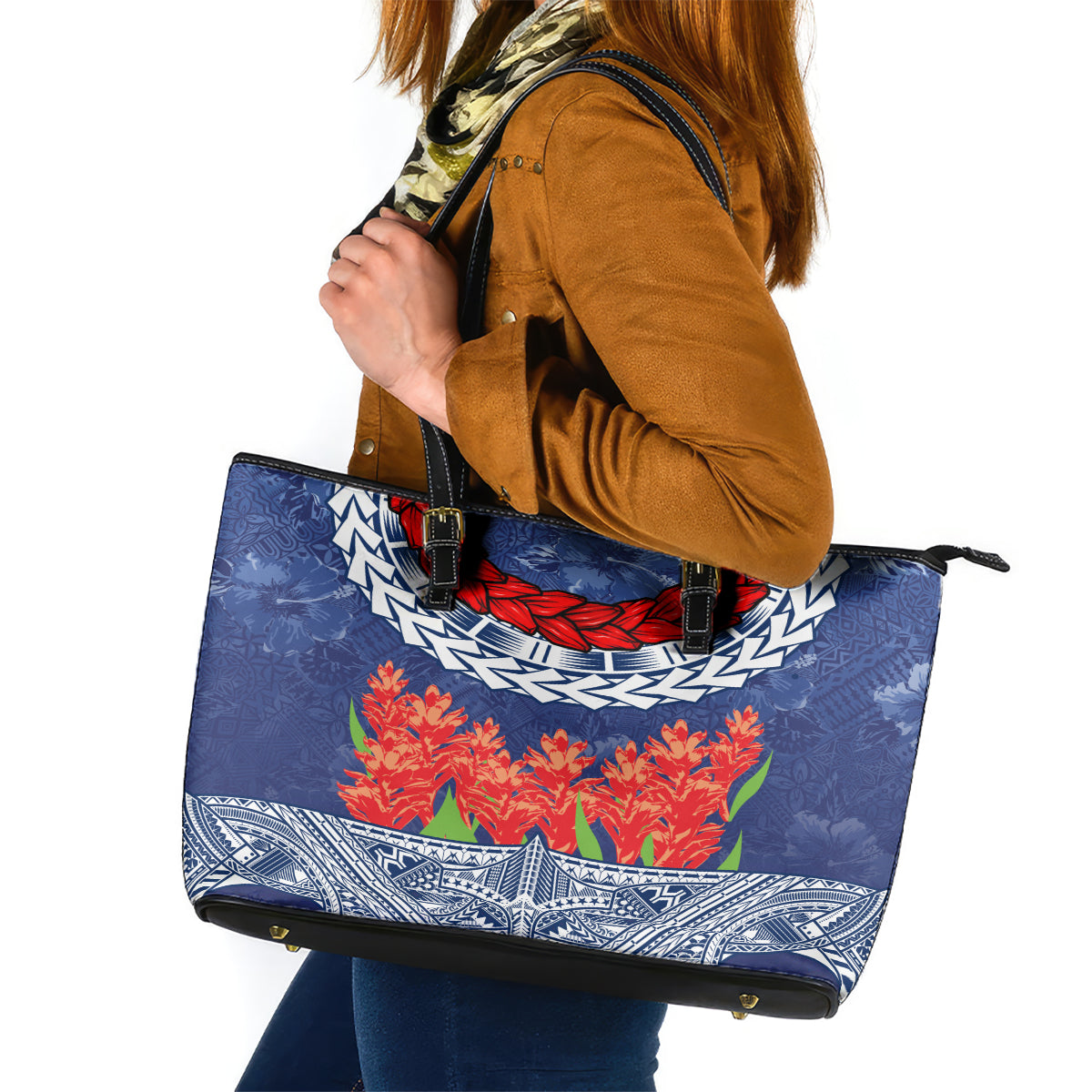 Samoan Tapa Leather Tote Bag Ula Fala and Teuila Flower LT03 Blue - Polynesian Pride