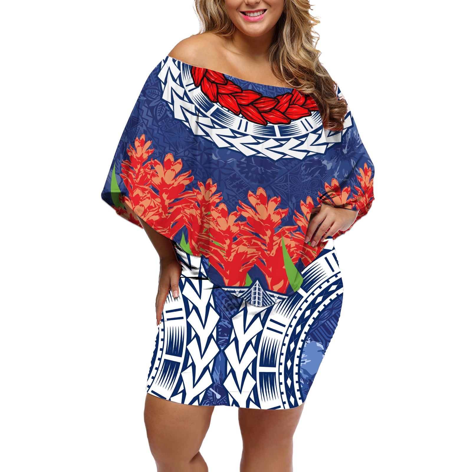 Samoan Tapa Off Shoulder Short Dress Ula Fala and Teuila Flower LT03 Women Blue - Polynesian Pride