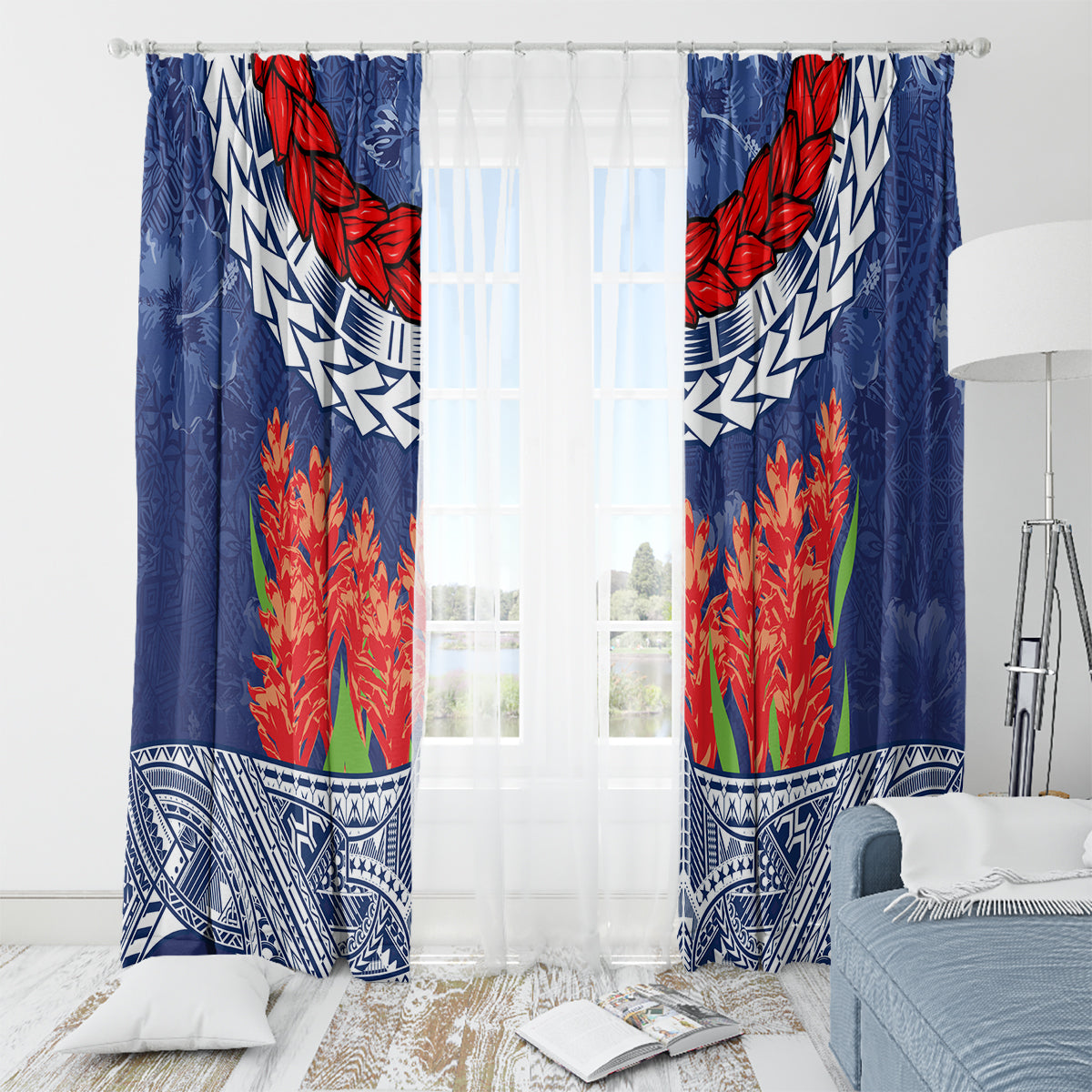 Samoan Tapa Window Curtain Ula Fala and Teuila Flower LT03 - Polynesian Pride