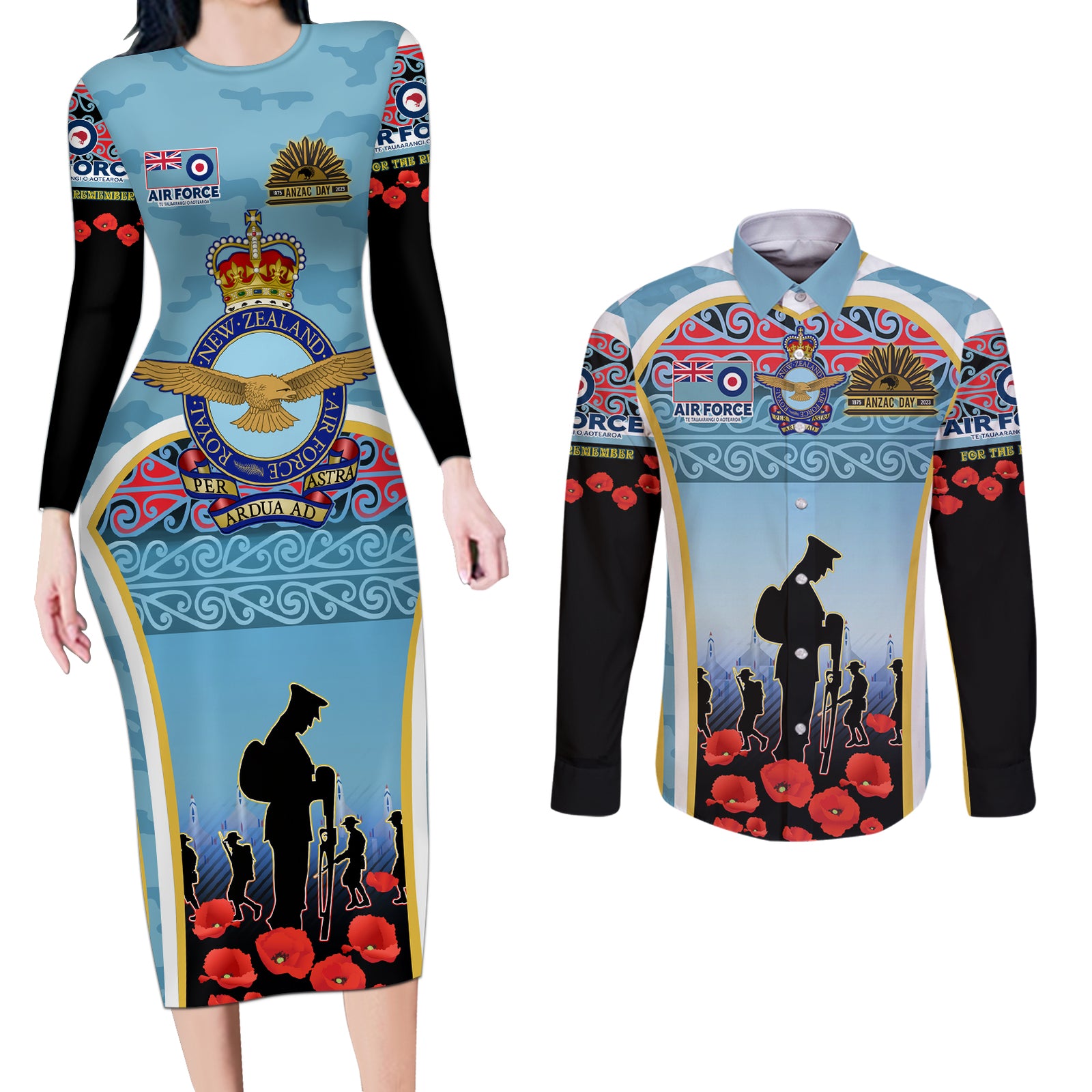 Royal New Zealand Air Force ANZAC Day Couples Matching Long Sleeve Bodycon Dress and Long Sleeve Button Shirt Te Tauaarangi o Aotearoa LT03 Blue - Polynesian Pride
