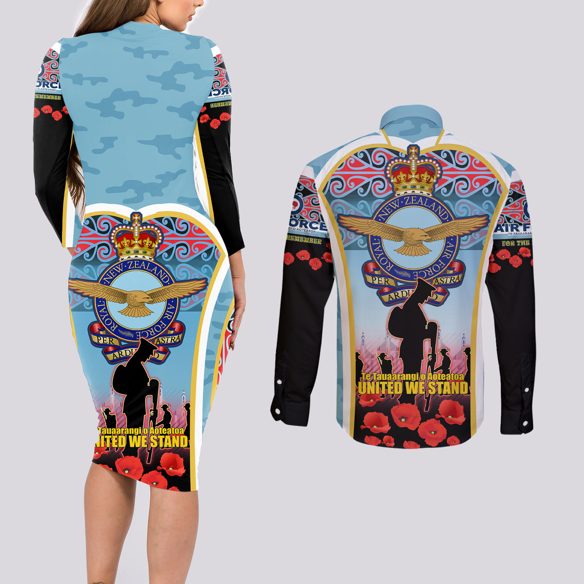 Royal New Zealand Air Force ANZAC Day Couples Matching Long Sleeve Bodycon Dress and Long Sleeve Button Shirt Te Tauaarangi o Aotearoa LT03 - Polynesian Pride