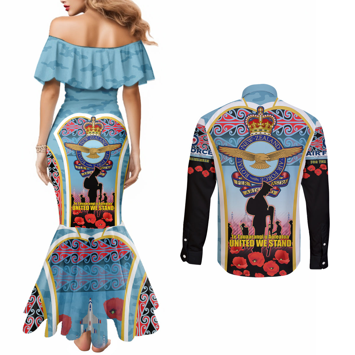 Royal New Zealand Air Force ANZAC Day Couples Matching Mermaid Dress and Long Sleeve Button Shirt Te Tauaarangi o Aotearoa LT03 - Polynesian Pride