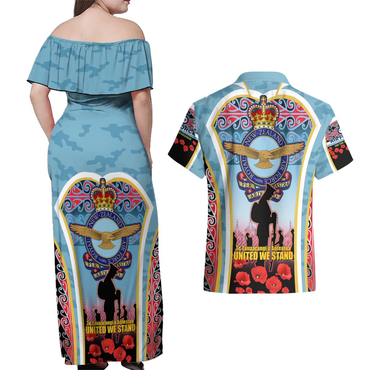 Royal New Zealand Air Force ANZAC Day Couples Matching Off Shoulder Maxi Dress and Hawaiian Shirt Te Tauaarangi o Aotearoa LT03 - Polynesian Pride