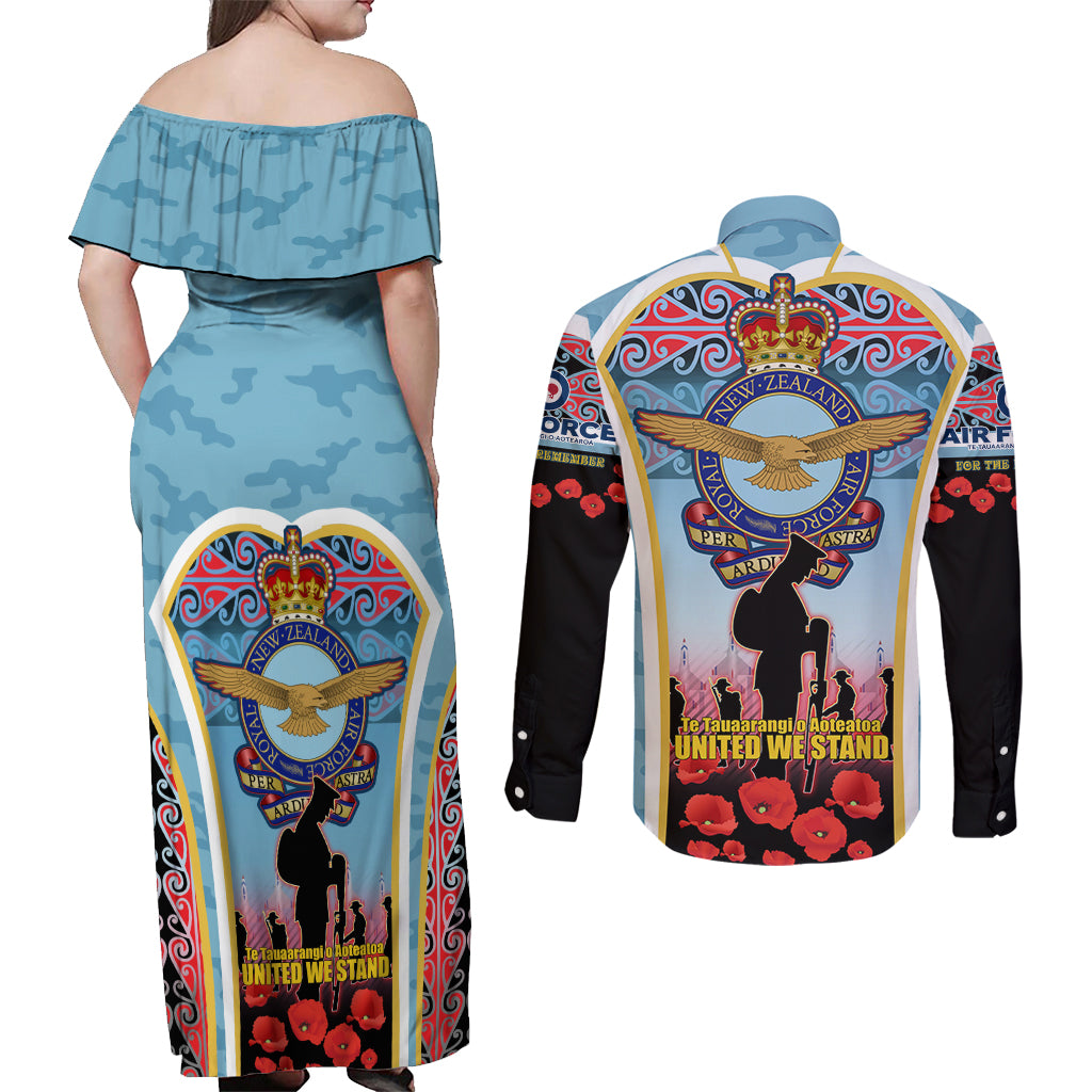 Royal New Zealand Air Force ANZAC Day Couples Matching Off Shoulder Maxi Dress and Long Sleeve Button Shirt Te Tauaarangi o Aotearoa LT03 - Polynesian Pride