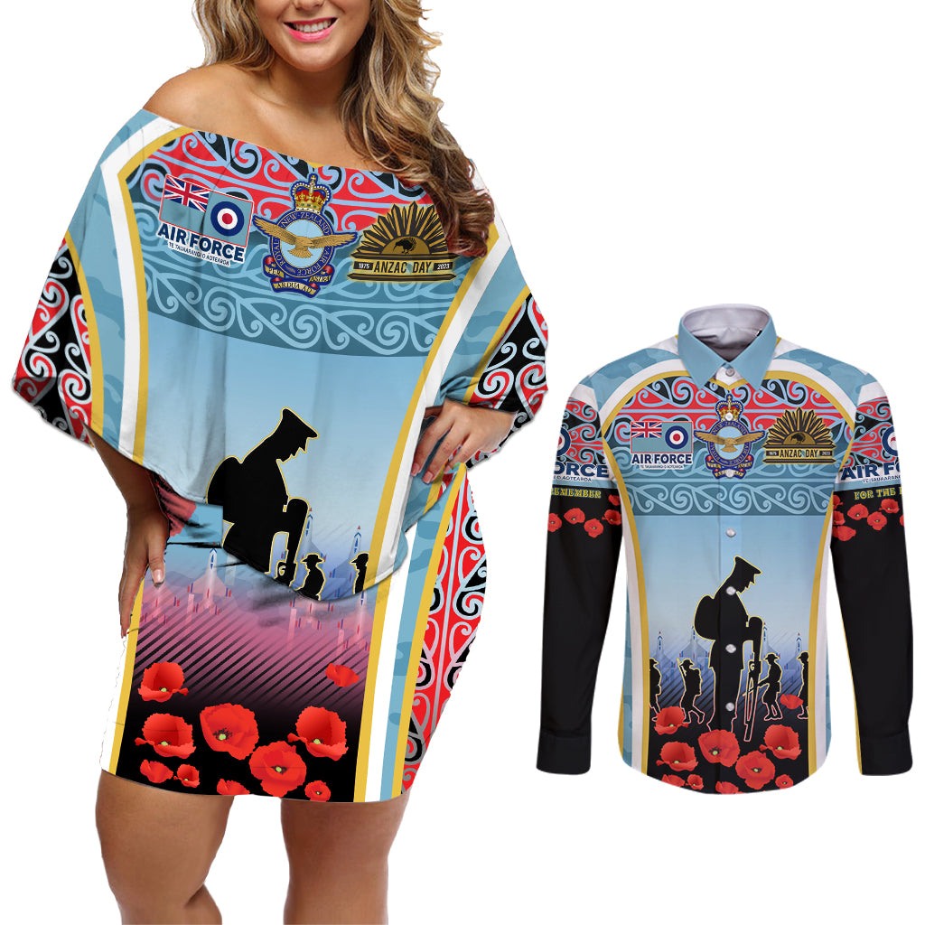 Royal New Zealand Air Force ANZAC Day Couples Matching Off Shoulder Short Dress and Long Sleeve Button Shirt Te Tauaarangi o Aotearoa LT03 Blue - Polynesian Pride