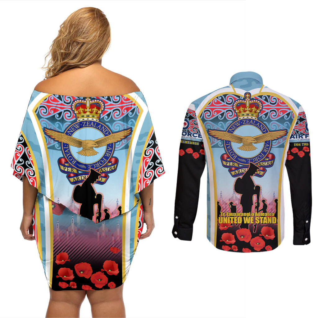 Royal New Zealand Air Force ANZAC Day Couples Matching Off Shoulder Short Dress and Long Sleeve Button Shirt Te Tauaarangi o Aotearoa LT03 - Polynesian Pride