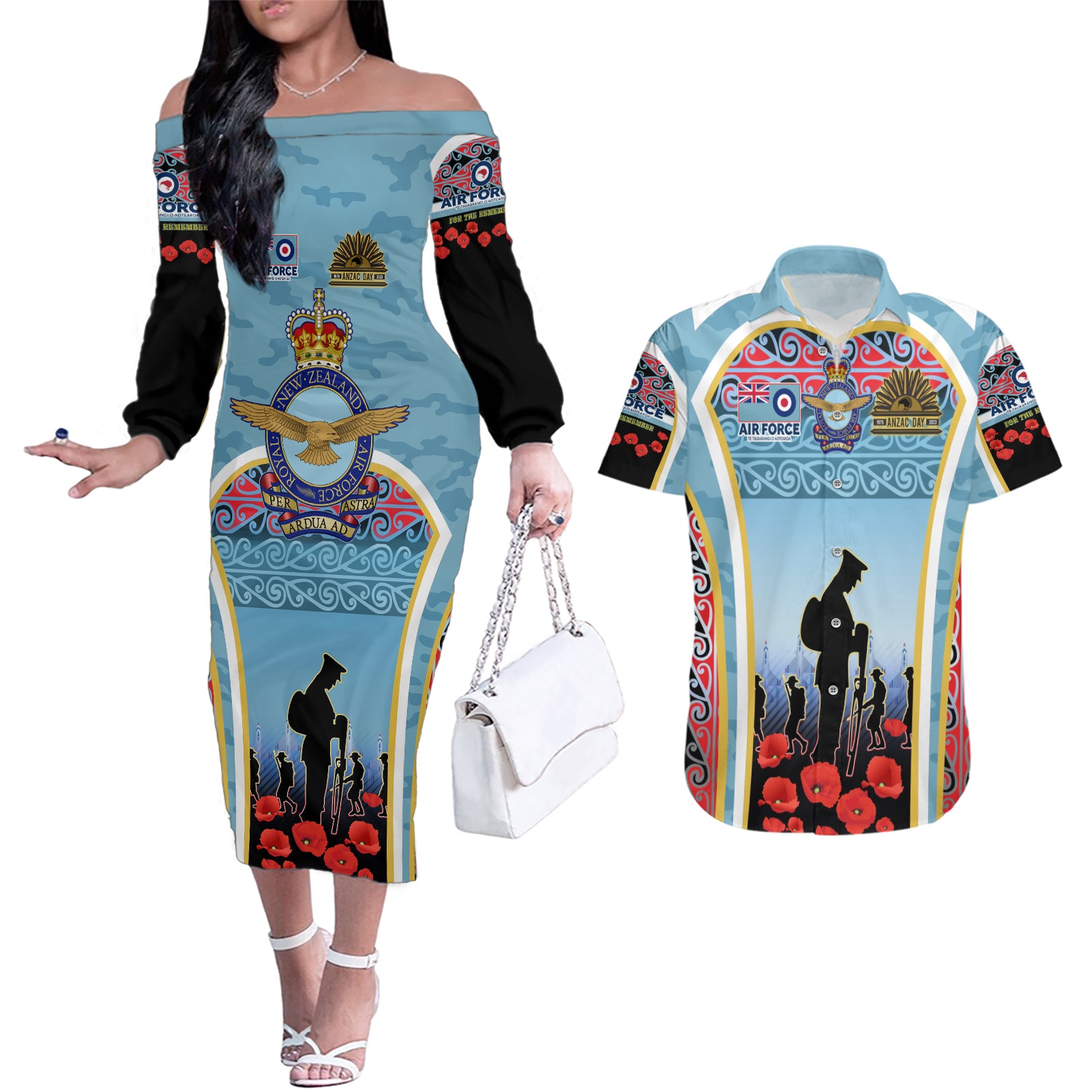 Royal New Zealand Air Force ANZAC Day Couples Matching Off The Shoulder Long Sleeve Dress and Hawaiian Shirt Te Tauaarangi o Aotearoa LT03 Blue - Polynesian Pride