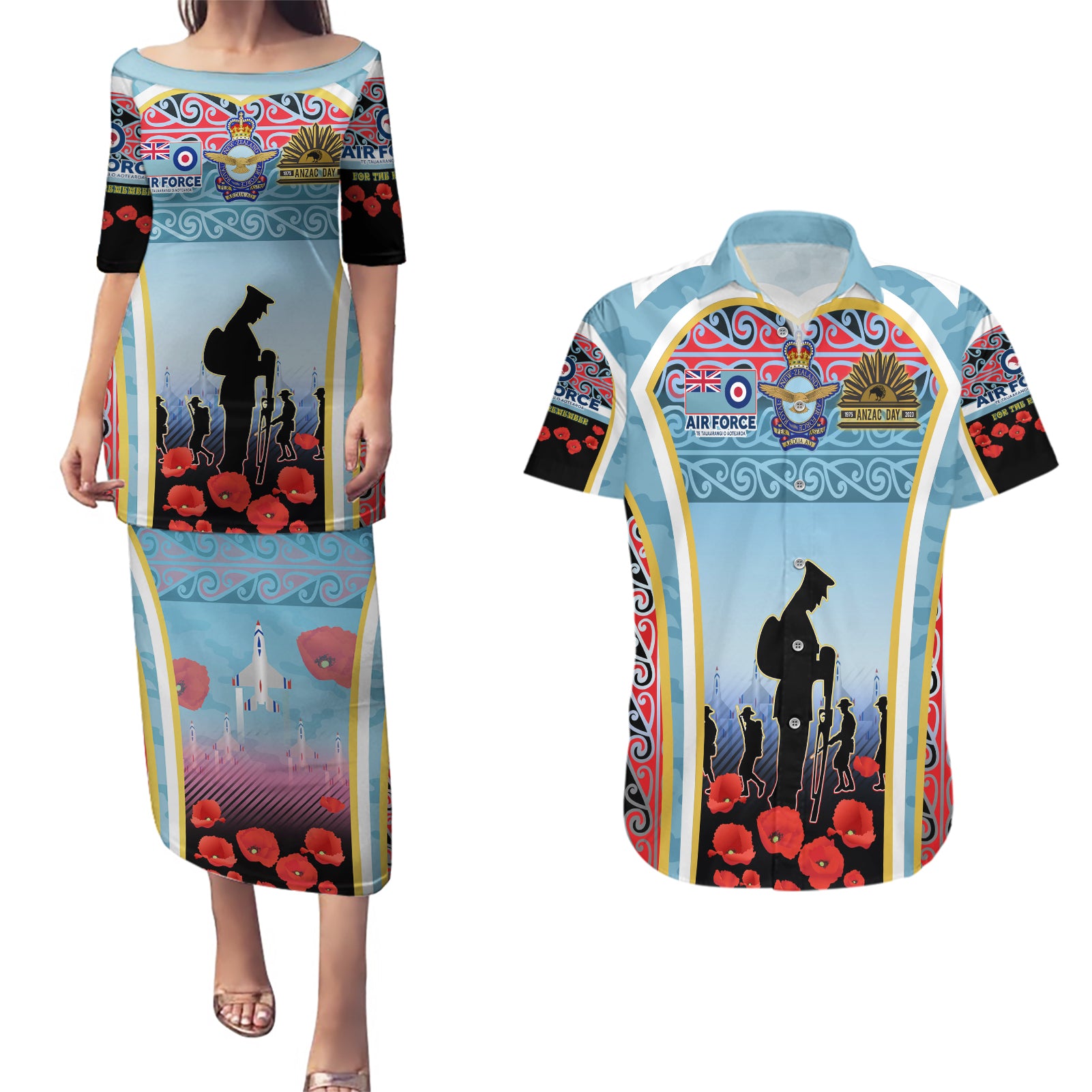 Royal New Zealand Air Force ANZAC Day Couples Matching Puletasi and Hawaiian Shirt Te Tauaarangi o Aotearoa LT03 Blue - Polynesian Pride