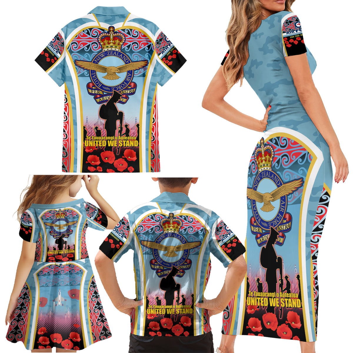Royal New Zealand Air Force ANZAC Day Family Matching Short Sleeve Bodycon Dress and Hawaiian Shirt Te Tauaarangi o Aotearoa LT03 - Polynesian Pride