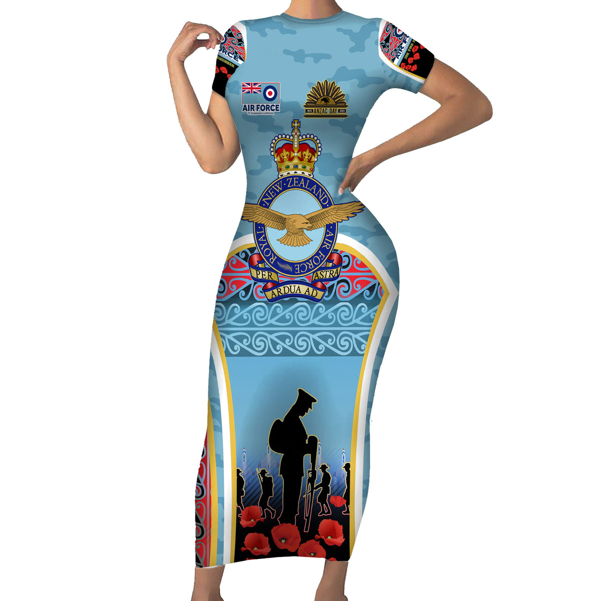 Royal New Zealand Air Force ANZAC Day Family Matching Short Sleeve Bodycon Dress and Hawaiian Shirt Te Tauaarangi o Aotearoa LT03 Mom's Dress Blue - Polynesian Pride