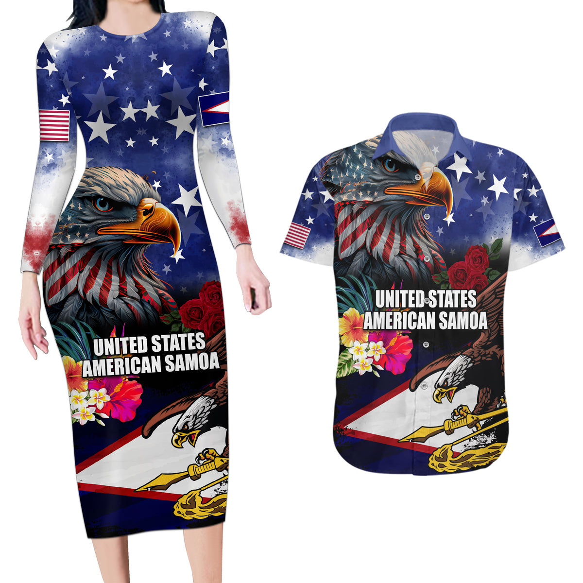 Personalised United States and American Samoa Couples Matching Long Sleeve Bodycon Dress and Hawaiian Shirt Bald Eagle Rose and Hibiscus Flower LT03 Blue - Polynesian Pride