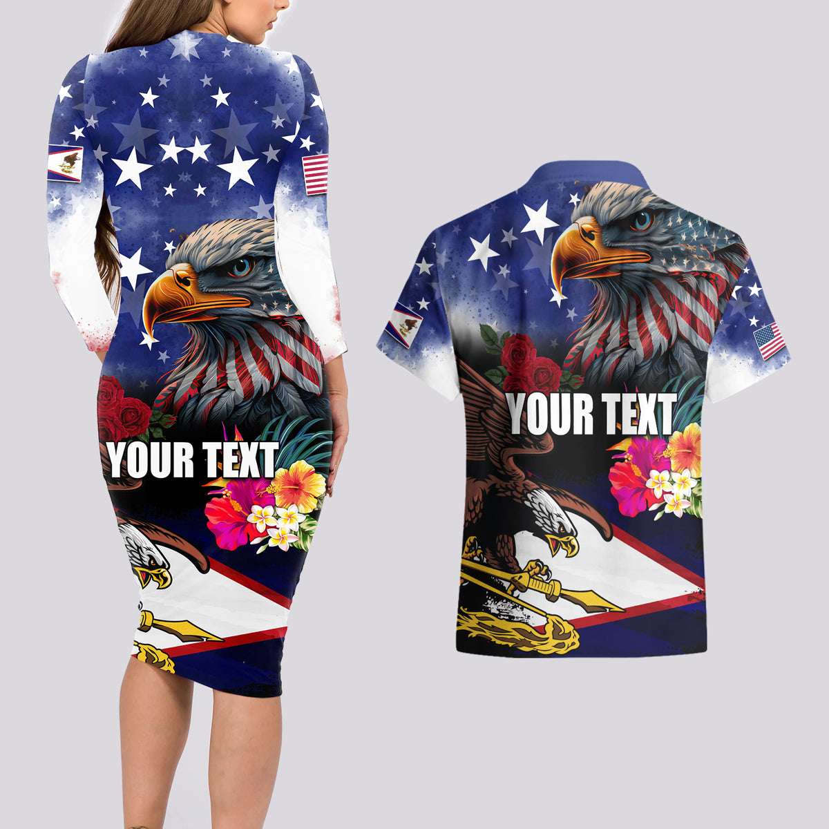 Personalised United States and American Samoa Couples Matching Long Sleeve Bodycon Dress and Hawaiian Shirt Bald Eagle Rose and Hibiscus Flower LT03 - Polynesian Pride