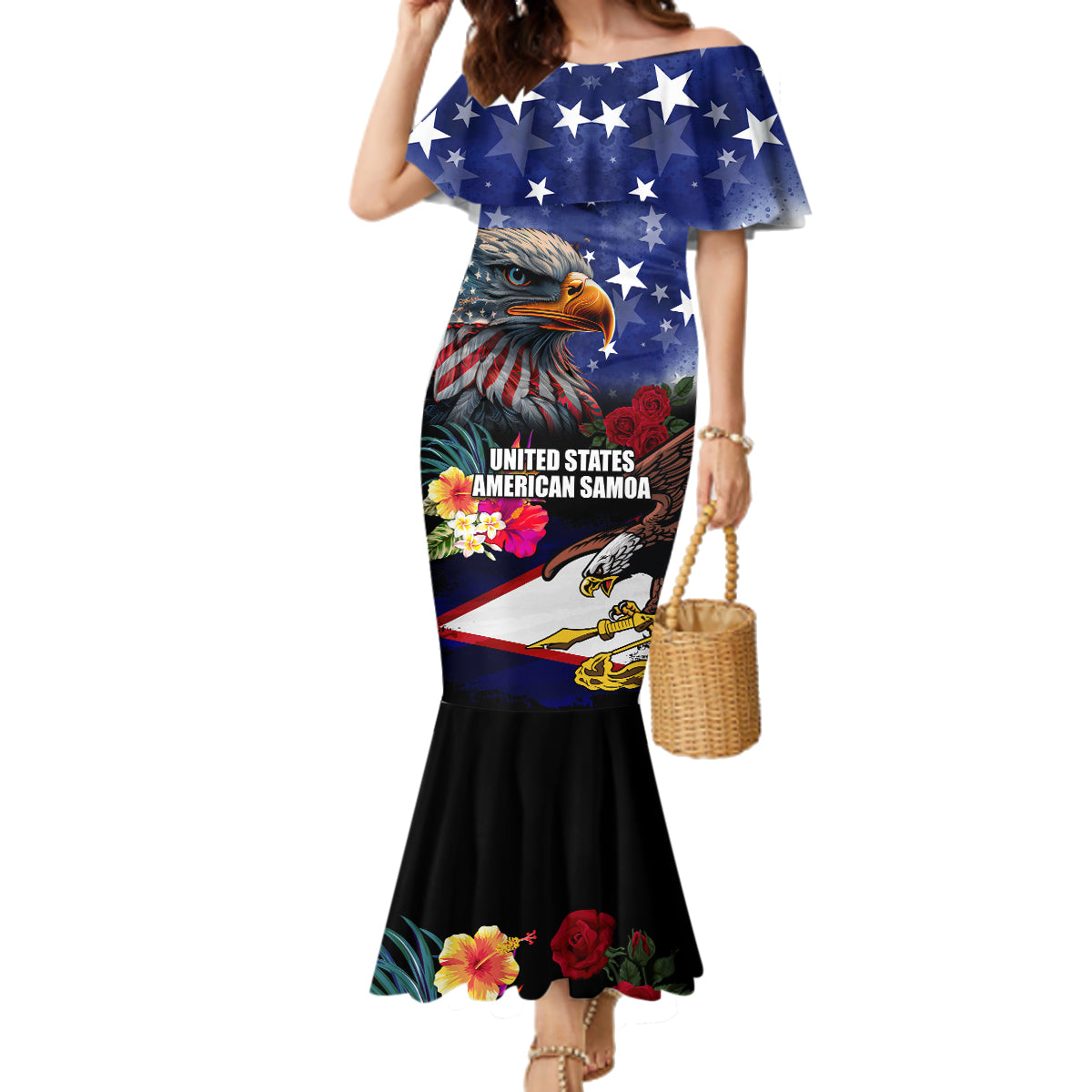 United States and American Samoa Family Matching Mermaid Dress and Hawaiian Shirt Bald Eagle Rose and Hibiscus Flower