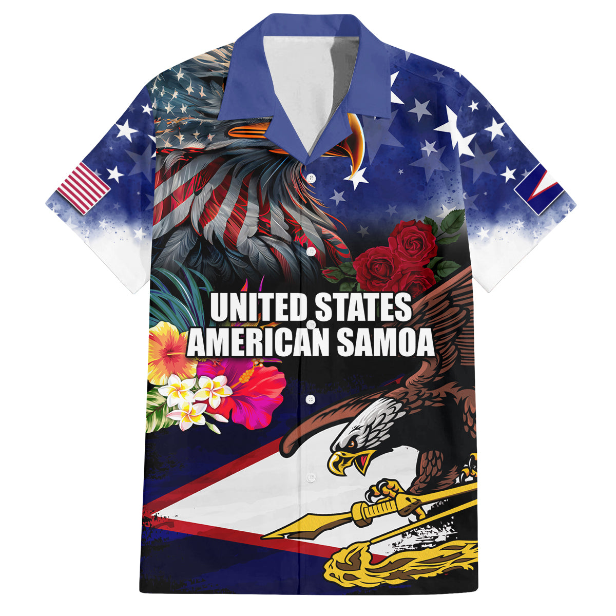 United States and American Samoa Family Matching Off The Shoulder Long Sleeve Dress and Hawaiian Shirt Bald Eagle Rose and Hibiscus Flower