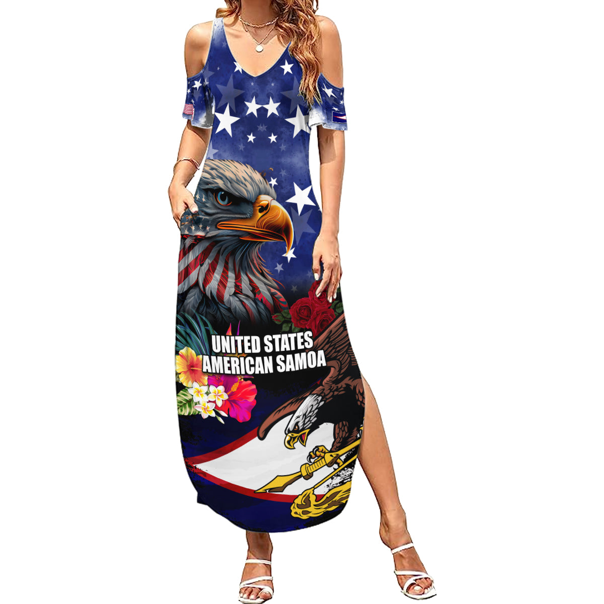 United States and American Samoa Summer Maxi Dress Bald Eagle Rose and Hibiscus Flower